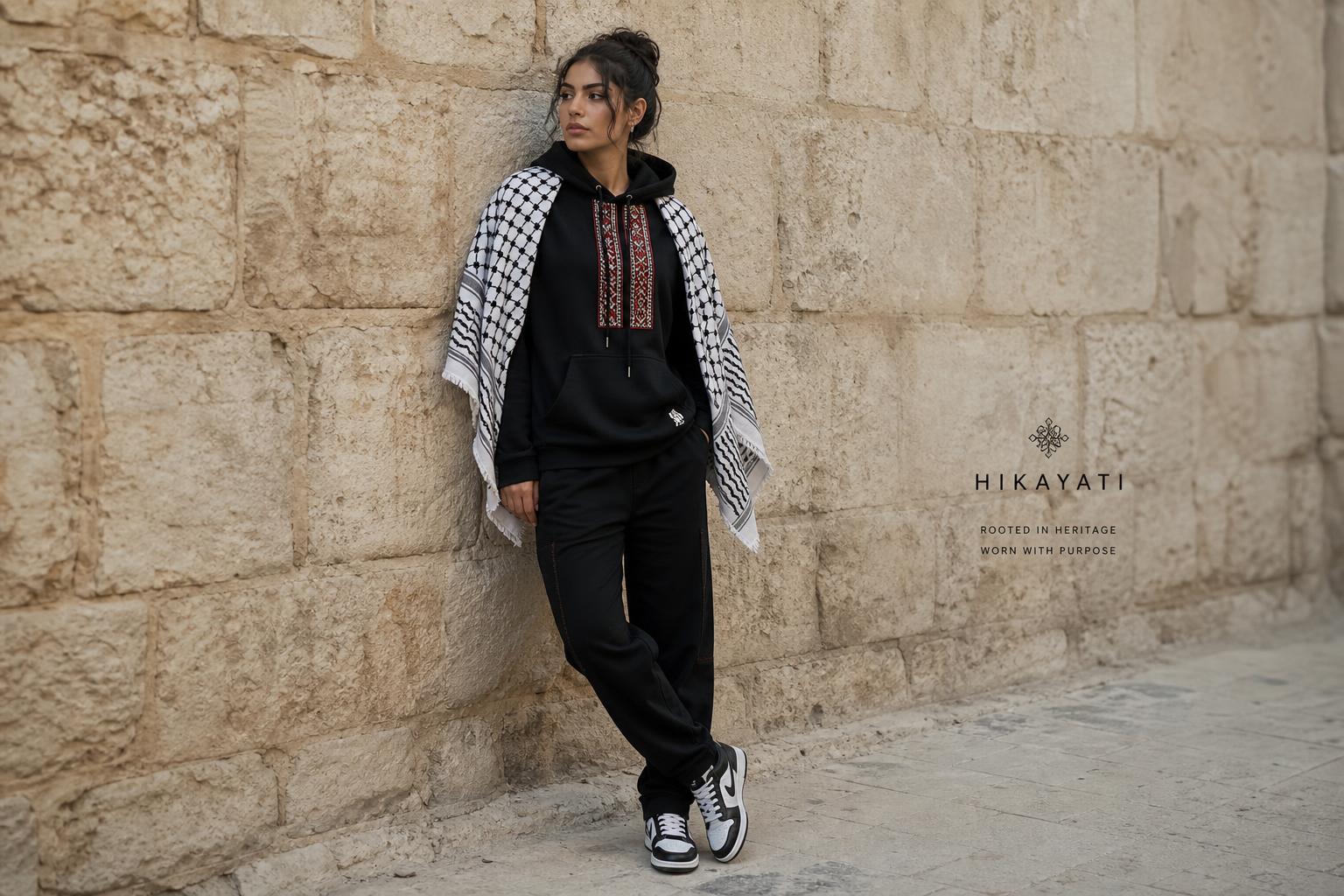 Model wearing a Palestinian keffiyeh and embroidered hoodie