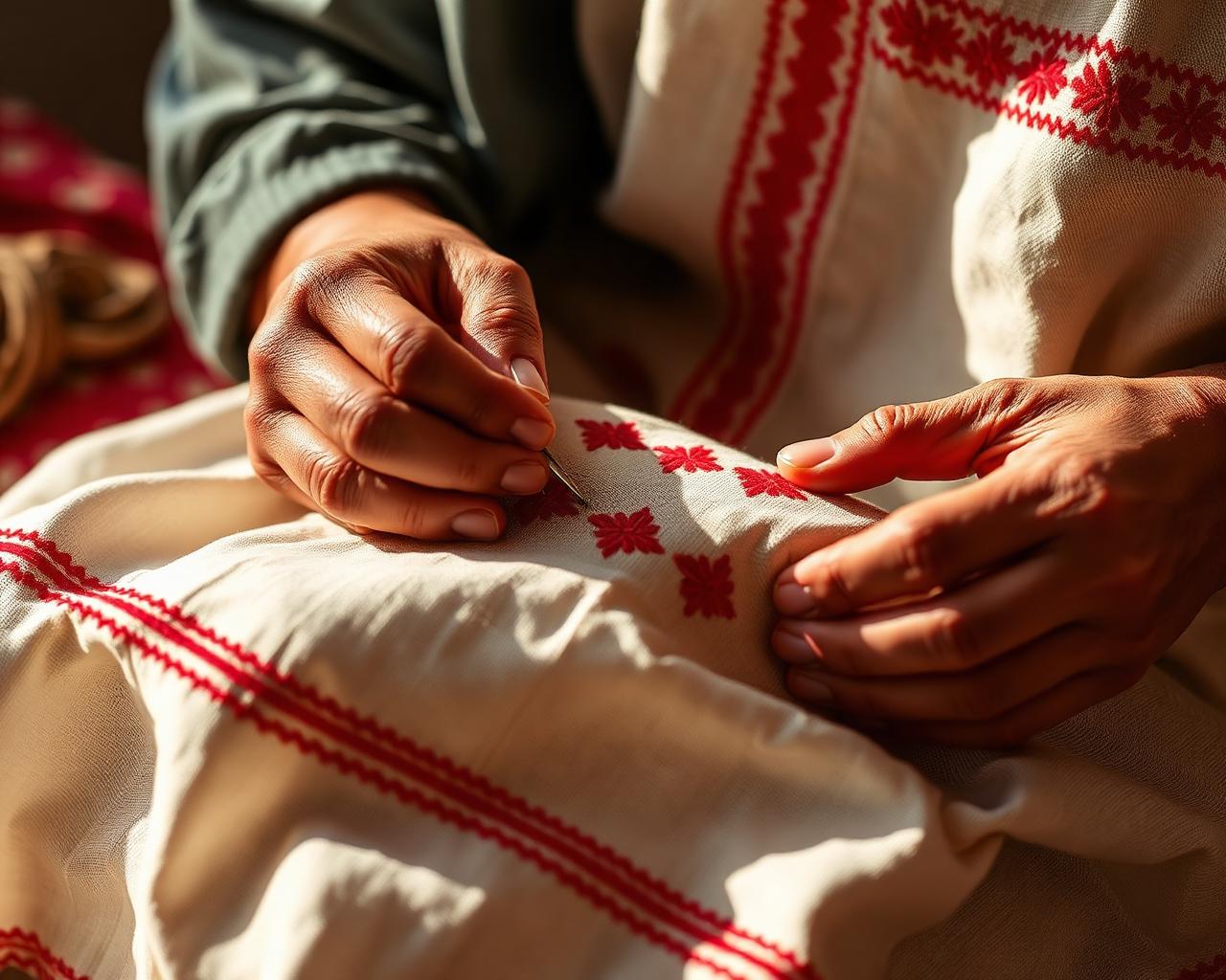 Hands embroidering traditional tatreez